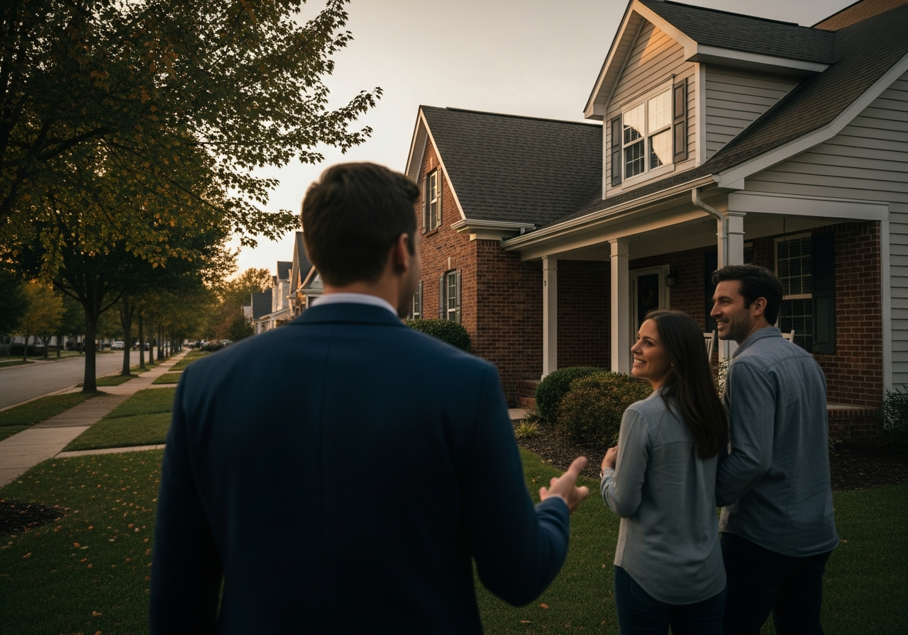 Agent walking with clients toward a single-family home
