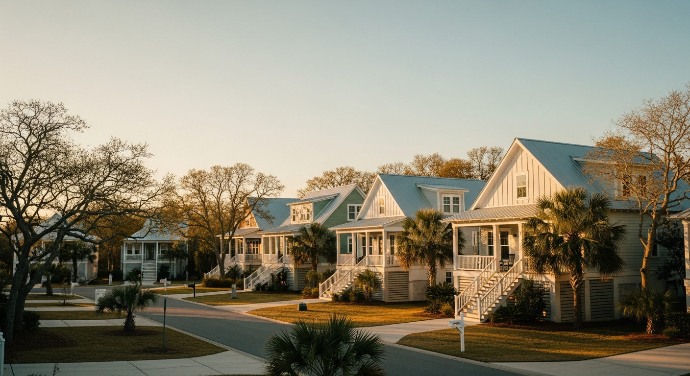Single-family-home subdivision at golden hour